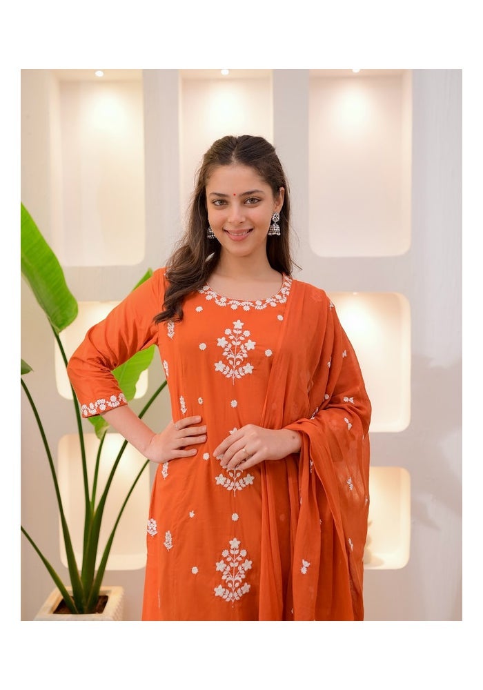 Malishka Export Orange Rayon Slub Embroidered Kurta Pant for Women - Image 5